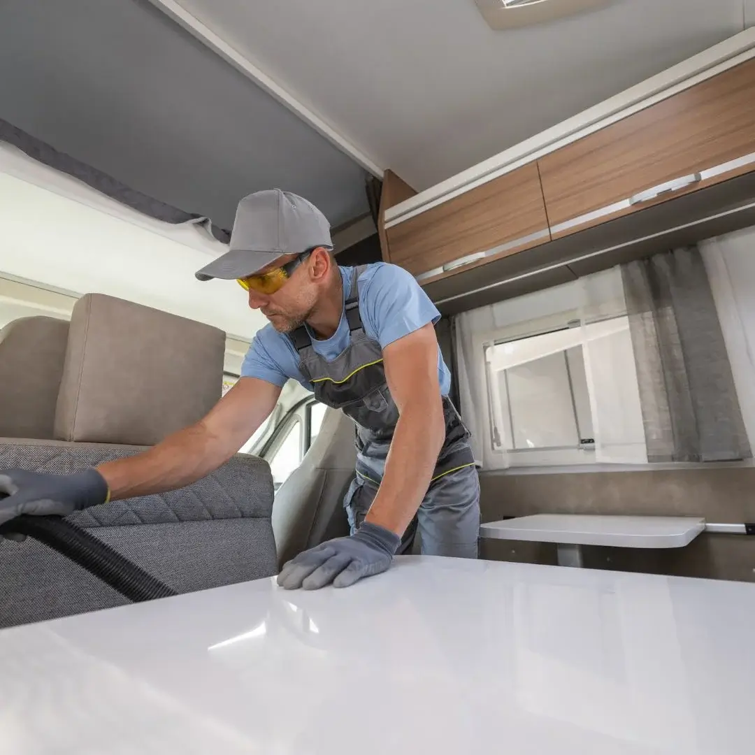 Man vacuuming RV