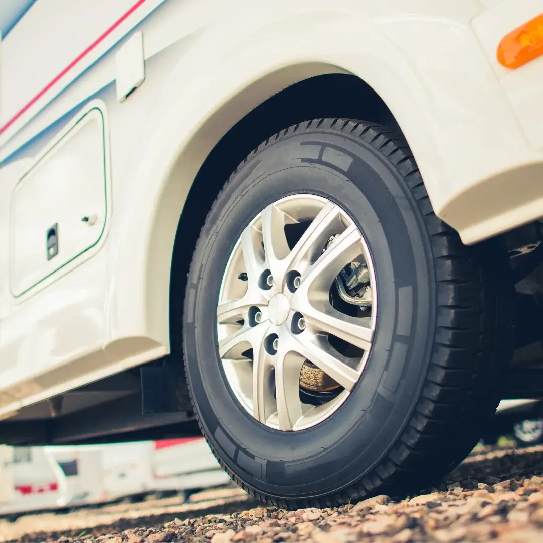 Close up of a tire on an RV