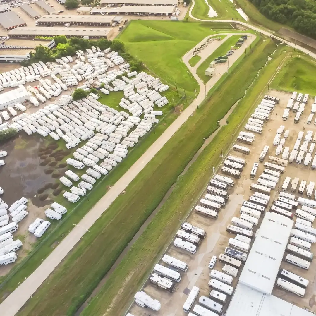 Aerial view of RVs parked in an outdoor lot